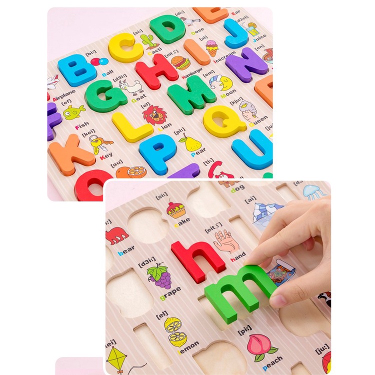 Đồ Chơi Gỗ, Bảng Chữ, Số Nổi In Hoa, In Thường Song Ngữ Giúp Bé Học Chữ Cái Tiếng Anh(Có Phiên Âm)