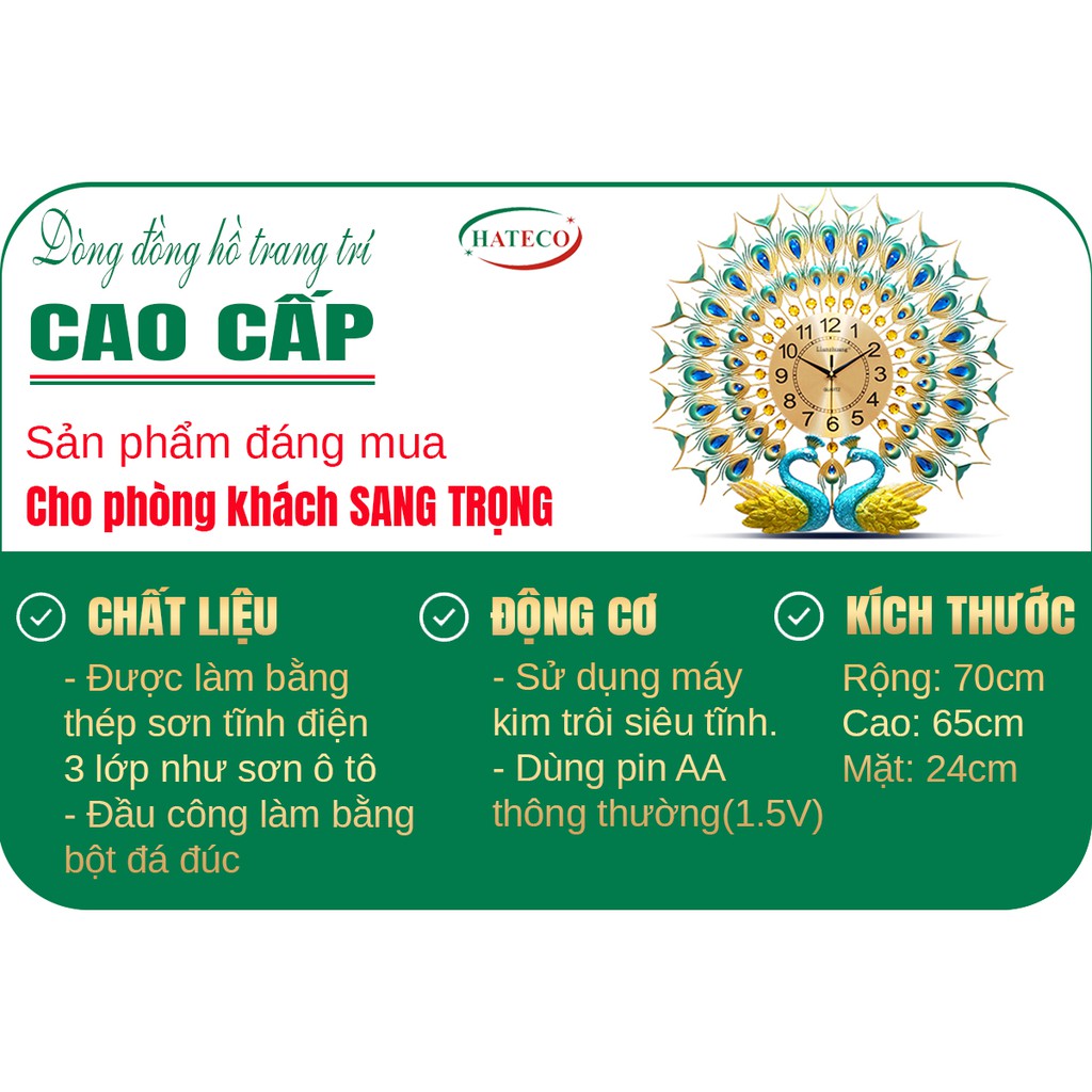 [SALES 3 NGÀY] Đồng Hồ Treo Tường Con Công Trang Trí Phòng Khách Chính Hãng Bảo Hành 36 Tháng