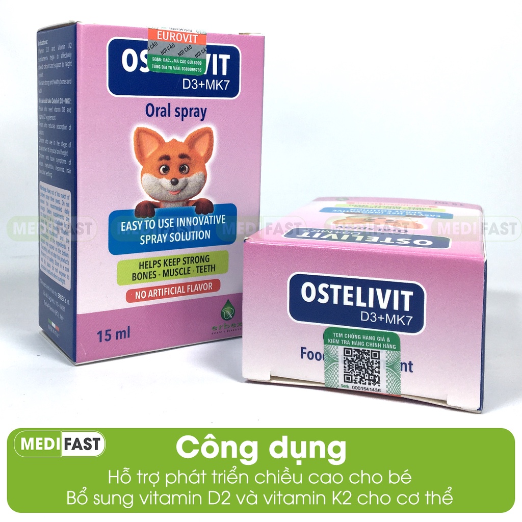 Bổ sung vitamin D3, K2 - Ostelivit D3+MK7 - giúp bé tăng cường hấp thu canxi, xương răng chắc khỏe - Lọ 15 ml từ Ý