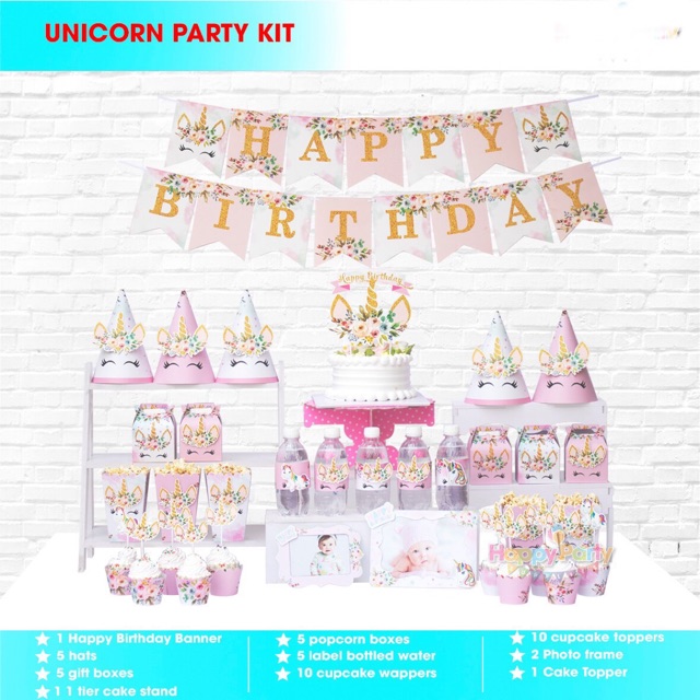 Set phụ kiện trang trí sinh nhật chủ đề ngựa 1 sừng, unicorn, kì lân cho bé gái