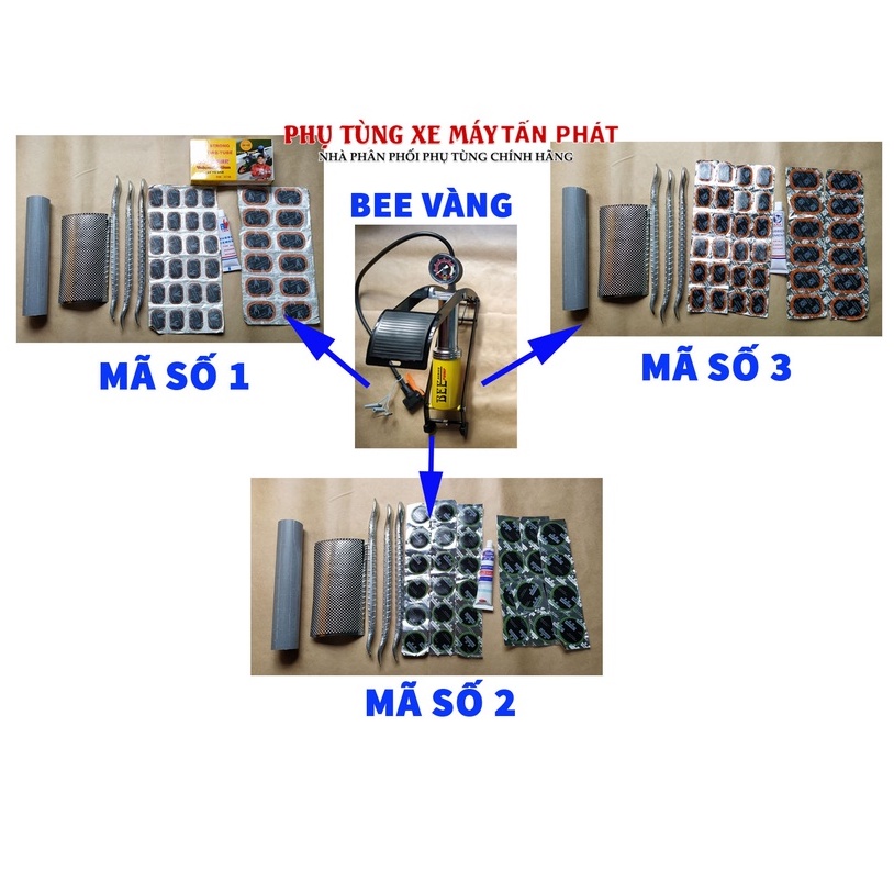 [Bơm Chân BEE Vàng 1 Piston ] Bộ 6 Món Vá Ruột Xe Máy &amp; Xe Đạp Có Bơm Chân Tốt + 2 Miếng Bào Ruột