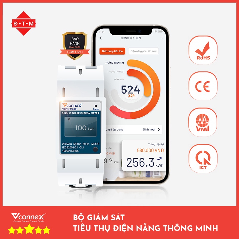 Công Tơ Điện Tử Wifi Thông Minh 1 Pha - Bộ Giám Sát Tiêu Thụ Điện Năng Thông Minh Vconnex