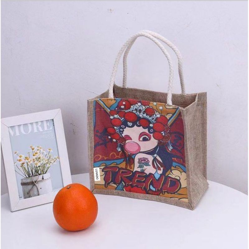 Túi Cói Vintage Đi Biển Phong Cách Hàn Quốc Hoạ Tiết Hoạt Hình Siêu Đáng Yêu