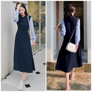 Đầm váy midi xanh đen phối sọc tay dài, váy thu đông (kèm hình thật)
