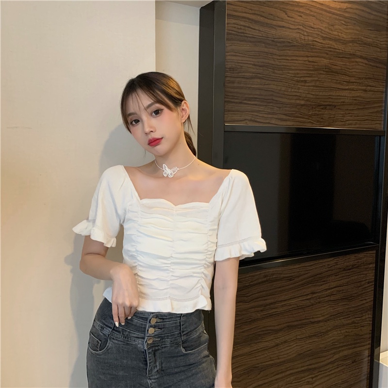 Áo kiểu ZHELIHANGFEI tay ngắn cổ vuông phong cách Pháp thời trang 2022 dành cho nữ