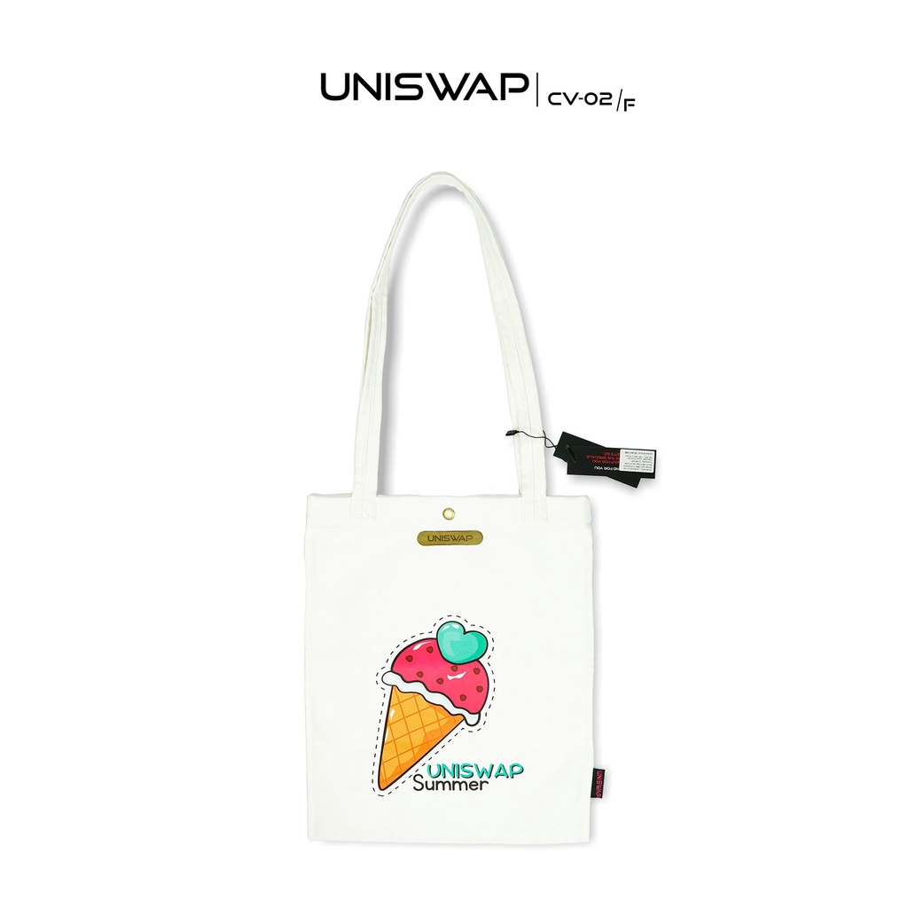 Túi tote mang đi học, đi chơi vải bố (vải canvas) màu trắng UNISWAP CV-02/F vải 2 lớp dày dặn