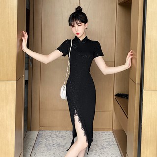 Váy sườn xám đen xẻ đùi bigsize ngoại cỡ cho người béo 40kg đến 90kg (Hàng oder chuẩn hình 100%) 260520