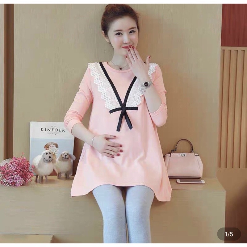 Áo bà bầu dài tay thu đông cotton zip cổ tròn viền ren công sở đi chơi dáng xuông thết kế cao cấp
