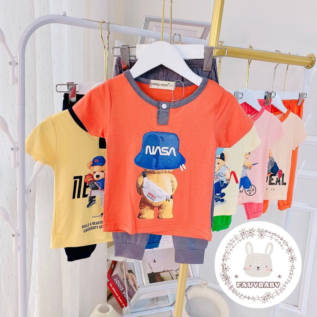 Bộ Áo Cộc Quần Dài MINKY MOM Chính Hãng Bé Trai Bé Gái Thun Lạnh Hình in Gấu Thể Thao Cho Bé 0 1 2 3 4 5 Tuổi - Favybaby