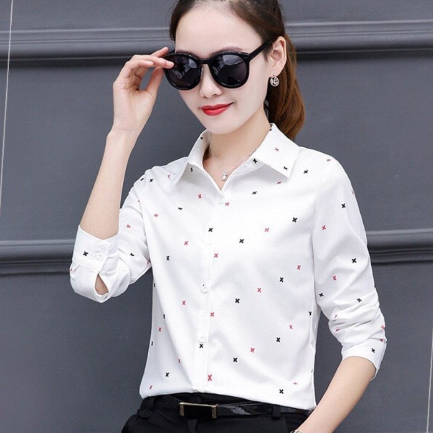 Áo Sơ Mi Nữ Công Sở Phối Họa Tiết Dấu X DX01 Thời Trang ERINA Chất Kate Mềm Mịn,Thoáng Mát