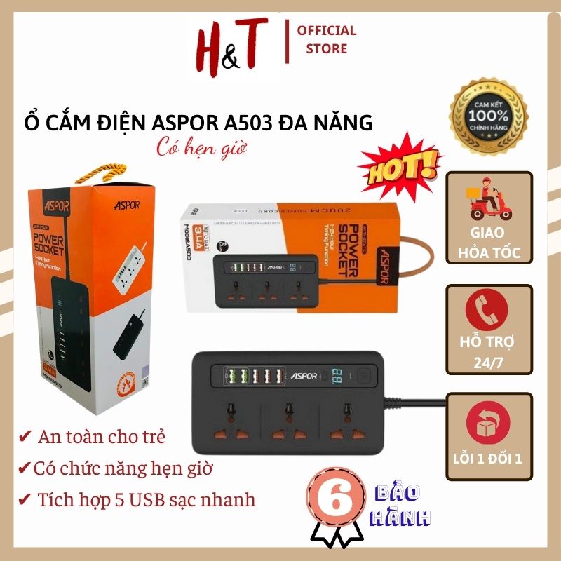 Ổ cắm điện - Ổ điện hẹn giờ thông minh chính hãng ASPOR A503 tự điều áp với 5 cổng USB Sạc nhanh 3.4A