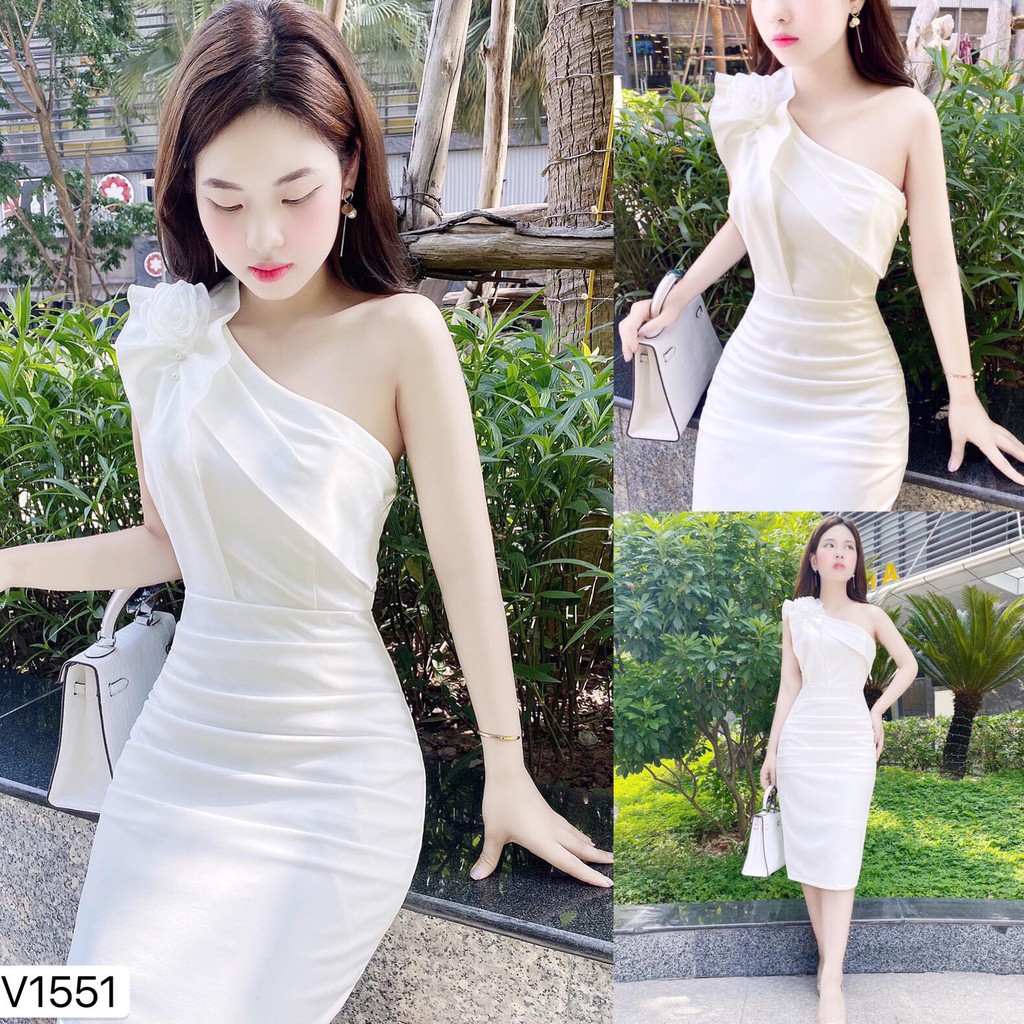 Đầm trắng lệch vai đính hoa V1551_ Moly Design [Kèm ảnh thật]