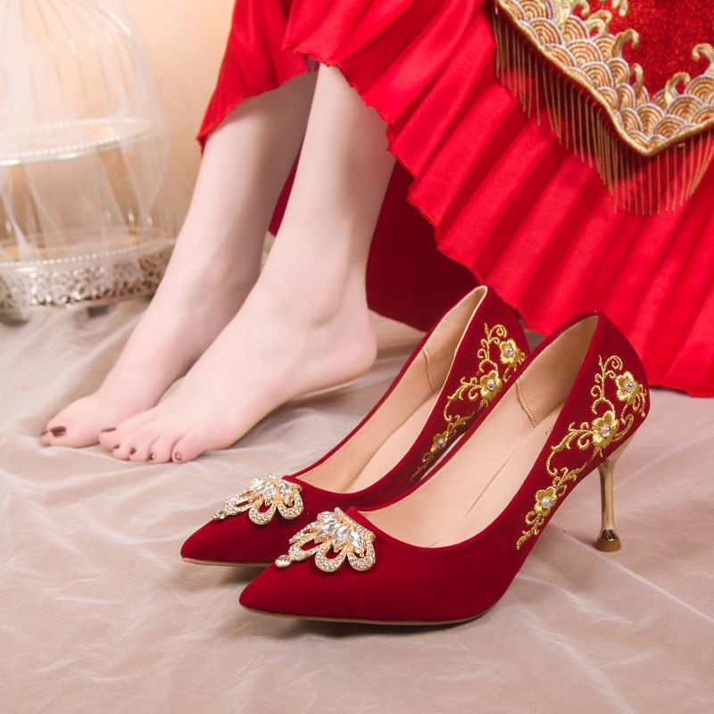 Giày Cao Gót Hai Dây 2022 Kiểu Dáng Mới Xuân Hè Phong Cách Trung Hoa Cho Cô Dâu Đám Cưới
