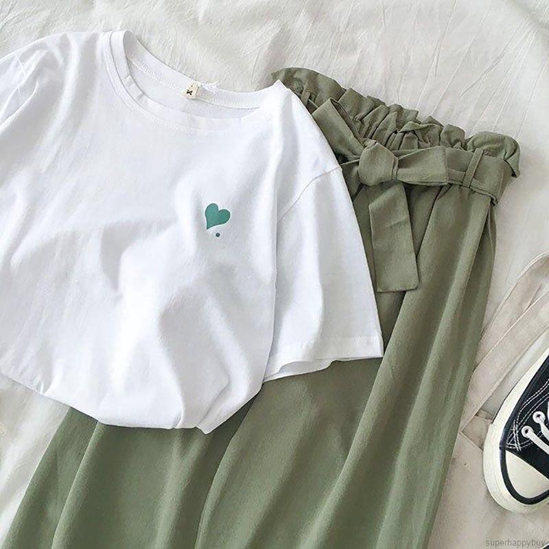 Set áo thun tay ngắn + quần dài màu trơn đơn giản thanh lịch thời trang cho nữ