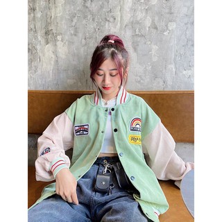 Áo khoác nữ, kiểu áo bomber, thêu họa tiết logo chữ, chất nhung gân mềm mịn, form rộng, mặc đi chơi cực xinh