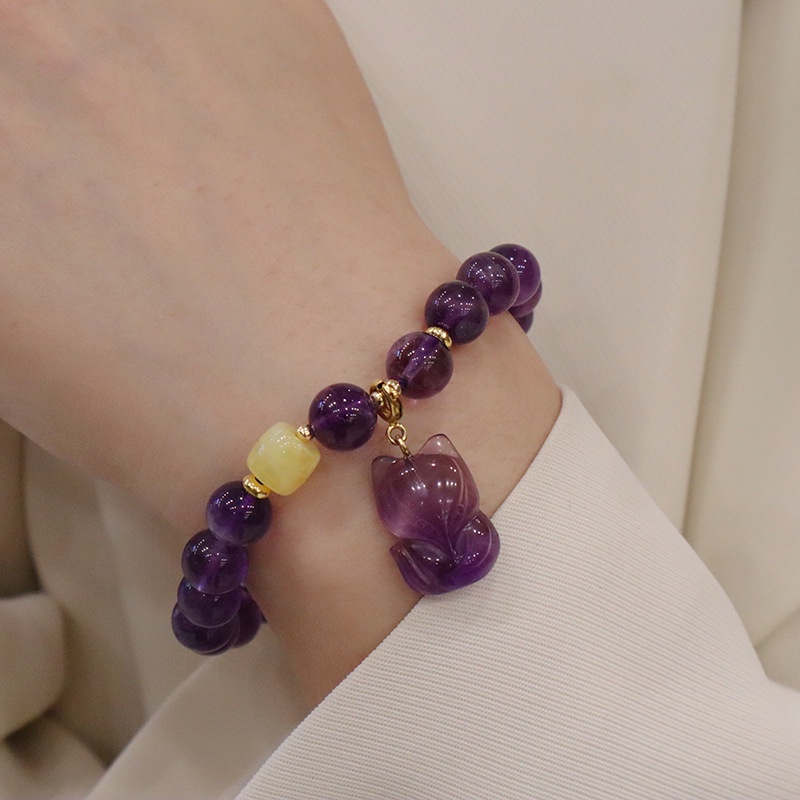 [Hàng Mới Về] Vòng Tay Chuỗi Hạt Thạch Anh Tím Cảm Giác Chạm Khắc Hình Cáo