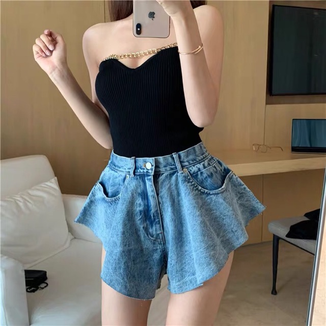 (HÀNG CÓ SẴN)Quần shorts jeans ống xoè cạp cao | BigBuy360 - bigbuy360.vn