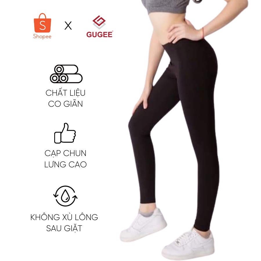 Quần tregging nữ Gugee lưng cạp cao dài dáng ôm bó legging skinny vải giữ nhiệt màu đen