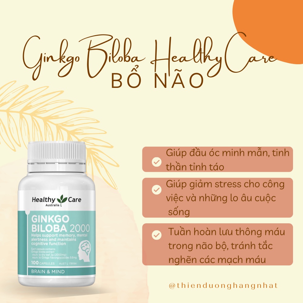 Bổ não Ginkgo Biloba 2000 Healthy Care Úc, tuần hoàn máu não, tăng cường trí nhớ [Date 2025]