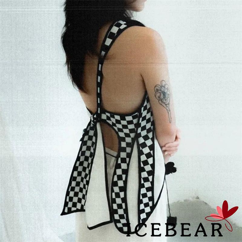 Áo Lửng Không Tay Vạt Thắt Nút Sau Lưng Họa Tiết Caro Thời Trang Mùa Hè Cho Nữ