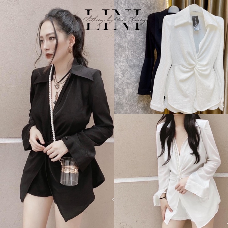 Set Xốp sơ mi xoắn eo(có độn vai) mix quần cộc basic