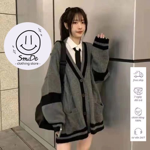 Áo Khoác Cardigan Dệt Kim Cổ V Họa Tiết Kẻ Viền Đen Kiểu Dáng Rộng Tay Dài | Smide Clothing