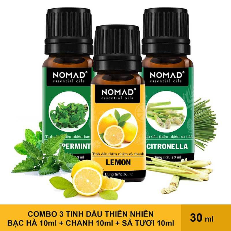 Combo 3 Tinh Dầu Nguyên Chất Nomad: Tinh Dầu Bạc Hà (10ml) + Tinh Dầu Chanh (10ml) + Tinh Dầu Sả Tươi (10ml).