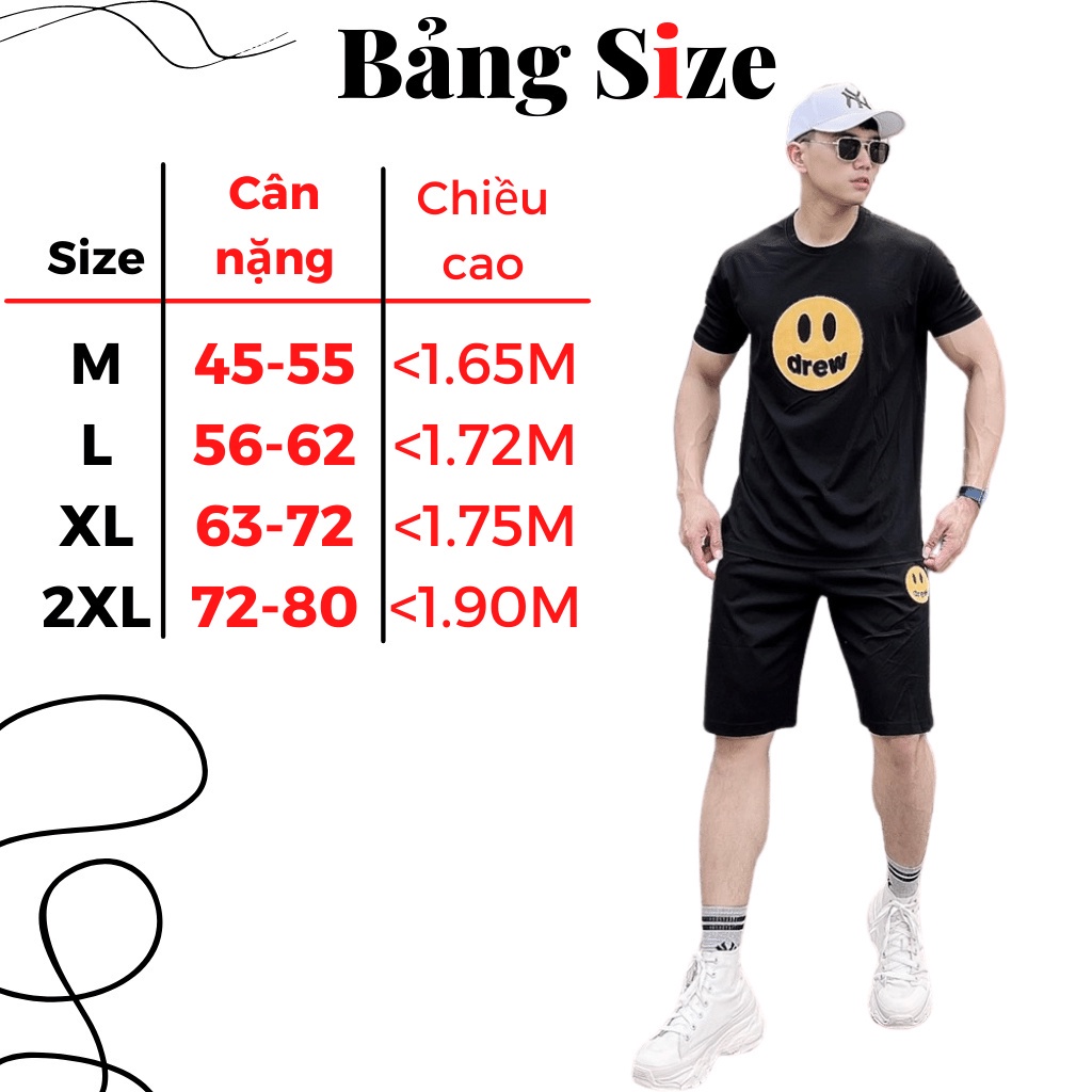 Bộ Quần Áo Cộc Tay In Hình mặt Cười Drew Màu Đen Basic Dễ Mặc ,Chất Thun Cotton Dày Dặn Thoáng Khí Form Unisex