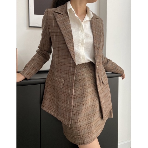 Áo vest nữ blazer KHÀN họa tiết caro nâu kẻ vàng áo khoác công sở tay dài 1 lớp phong cách Hàn Quốc
