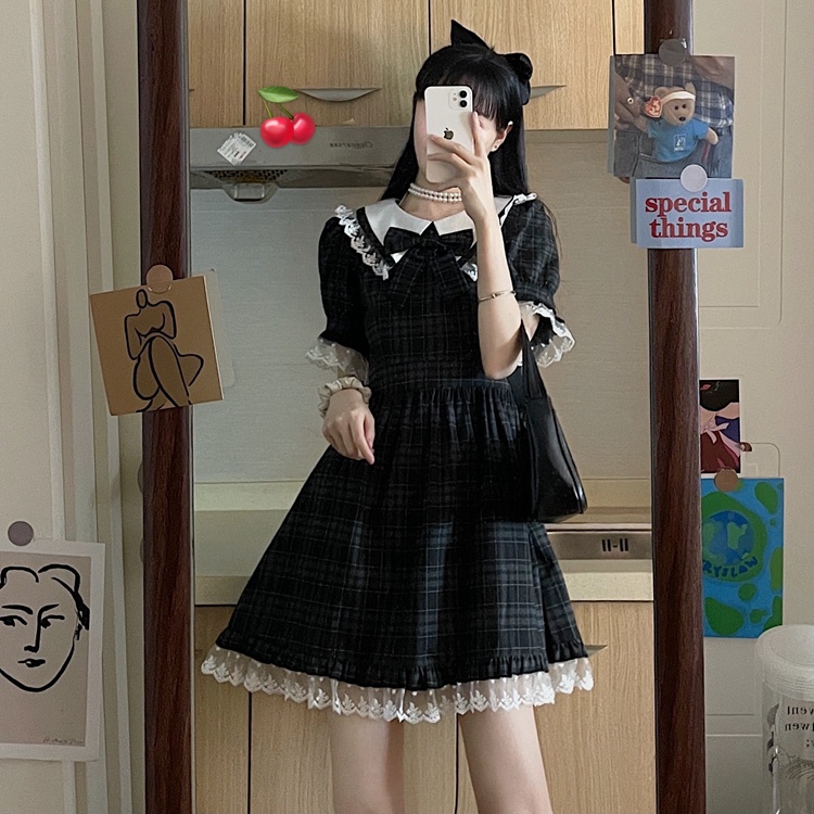 Đầm lolita Perty kẻ sọc caro phối ren thời trang Hàn Quốc cho nữ