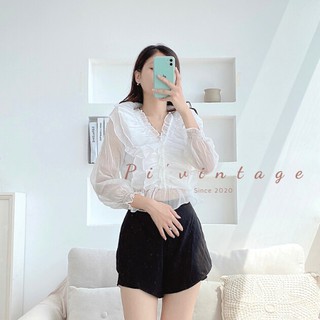 Áo sơ mi tiểu thư nữ bèo nhún kiểu trễ vai tay bồng bánh bèo