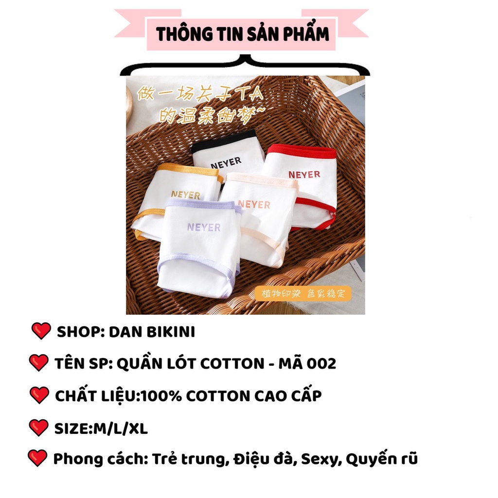 Quần Lót Nữ ❤️FREESHIP❤️ Quần Lót Nữ Cotton thiết kế viền màu thêu chữ NEVER cao cấp thoáng mát MÃ 002