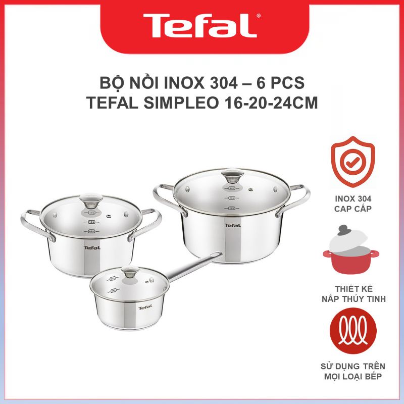 Bộ nồi inox Tefal Simpleo 16-20-24cm - Dùng trên bếp từ - Hàng chính hãng