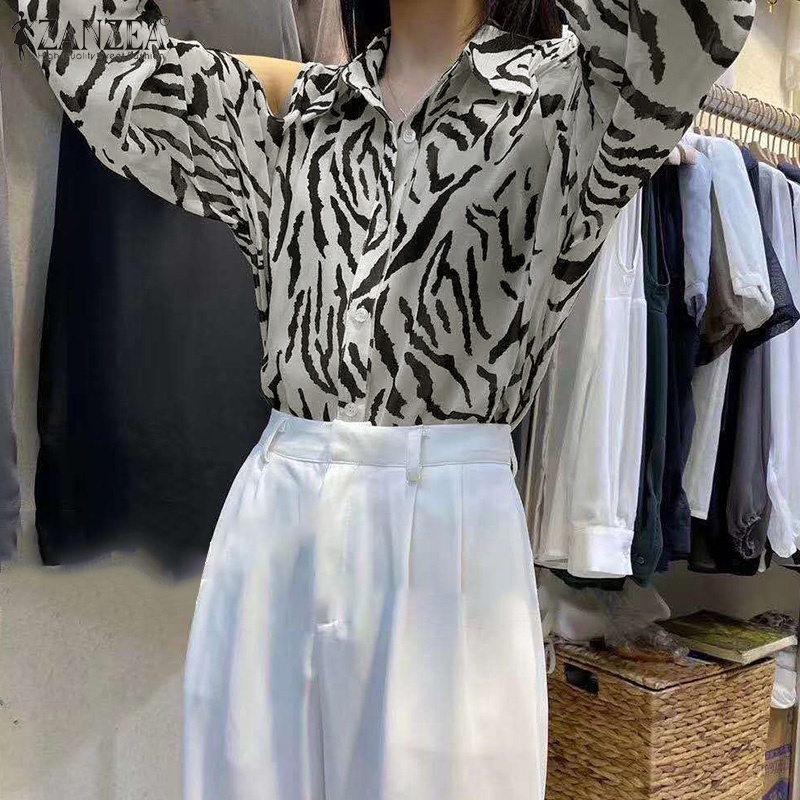 Áo ZANZEA tay dài họa tiết sọc ngựa vằn thời trang dành cho bạn nữ