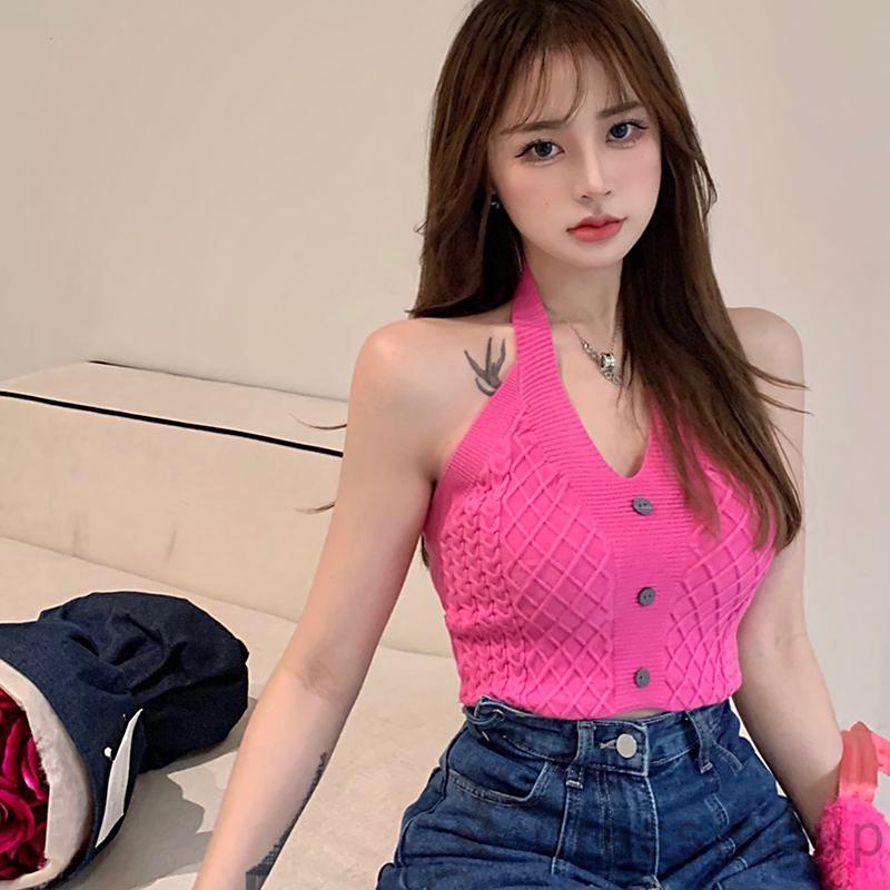 Áo Dệt Kim Sát Nách Cổ Chữ V Hở Lưng Màu Trơn Thời Trang Mùa Hè Cho Nữ