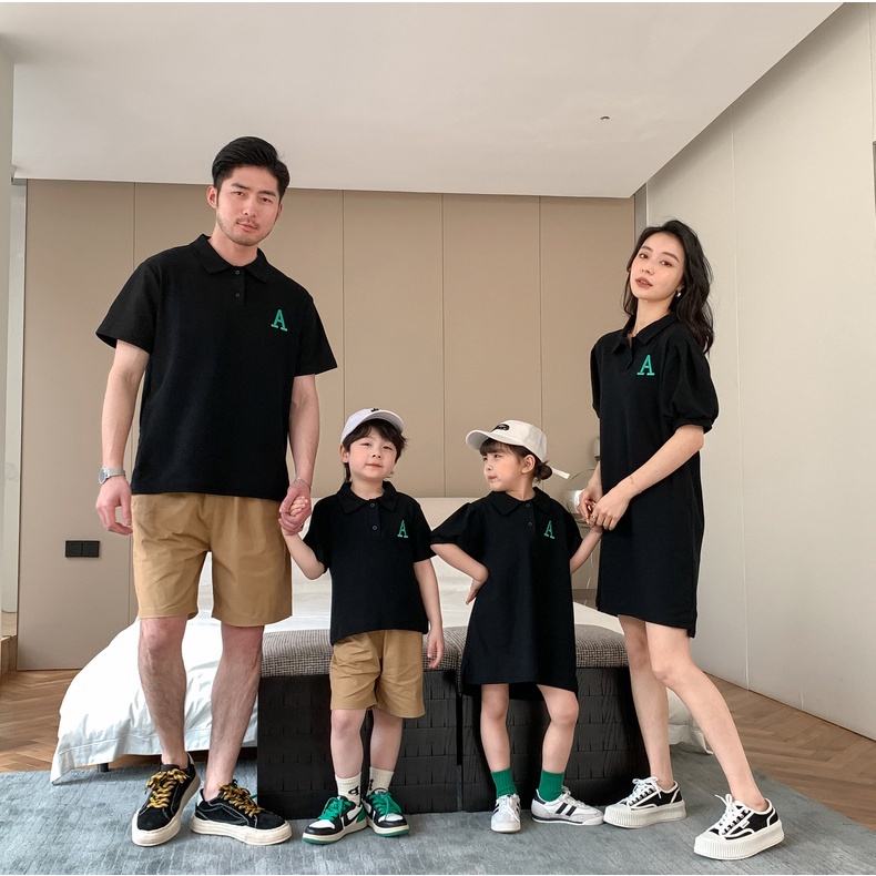 Áo gia đình Familylove - Mẫu Áo Polo Đầm Váy Gia Đình In Góc Logo Chữ A Xinh Xắn Chất Liệu cotton 100% co giãn
