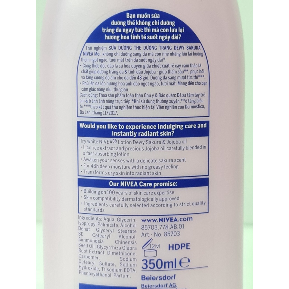 Sữa Dưỡng Thể Dưỡng Ẩm Sáng Da Nivea White Lotion Radiant Dewy 350ml Hương Hoa Hồng Hoặc Hoa Anh Đào