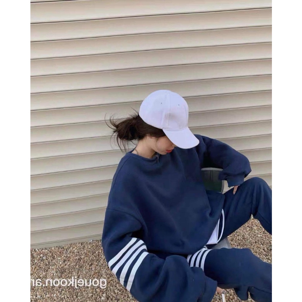 Bộ Nỉ Kẻ Vạch Ngang Nữ [FREESHIP]  Set quần bo gấu kèm áo sweater thể thao kiểu dáng hoodie cá tính Ulzzang