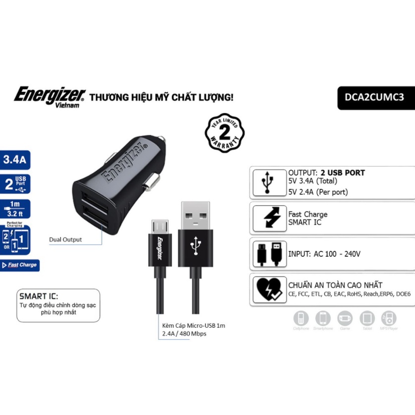 Bộ Sạc Ô Tô Energizer 3.4A 2 Cổng USB - Kèm 1 Cáp Micro USB DCA2CUMC3