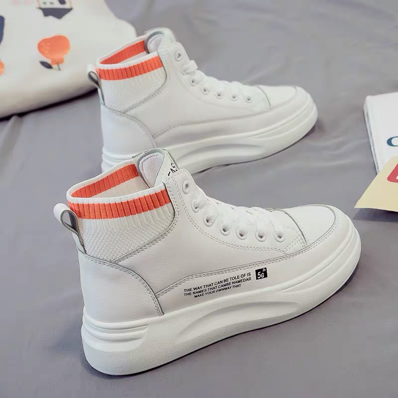 [Mã FAGREEN245 giảm 10% tối đa 30k đơn từ 99k] (VIDEO thật) Giày thể thao nữ da độn đế cao cổ len kẻ Cam Q5 | BigBuy360 - bigbuy360.vn