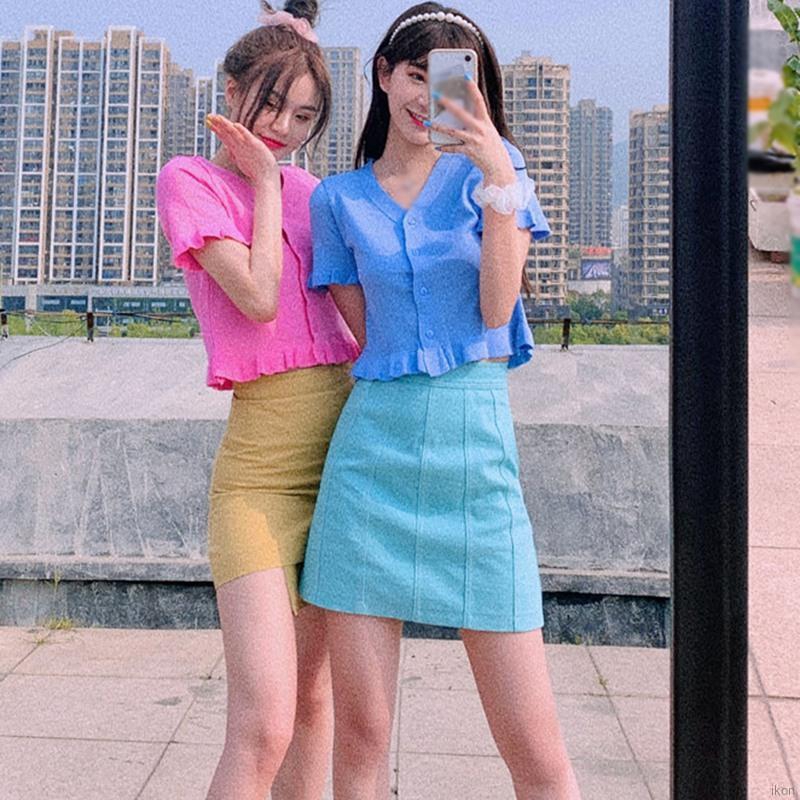 Áo ngắn tay dệt kim cổ chữ V có nếp gấp lộ rốn cho nữ