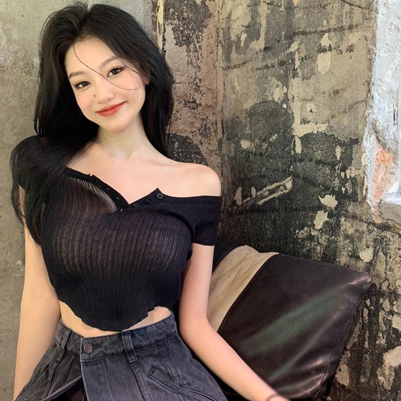 Áo Thun Dệt Kim Tay Ngắn Cổ Vuông Màu Trơn Thanh Lịch | BigBuy360 - bigbuy360.vn