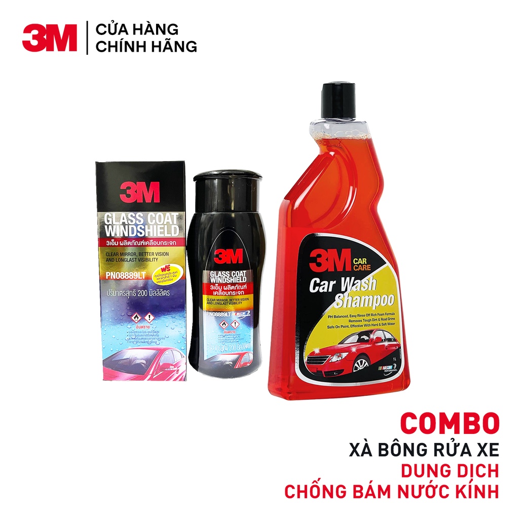 Combo Dung Dịch Chống Bám Nước Kính Xe 3M 08889 LT 200ml Và Xà Bông Rửa Xe 3M Car Wash Shampoo 1L