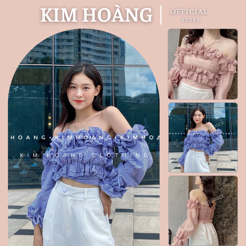 Áo hở vai, croptop tay bồng bèo nhún sexy bánh bèo (sọc xanh)