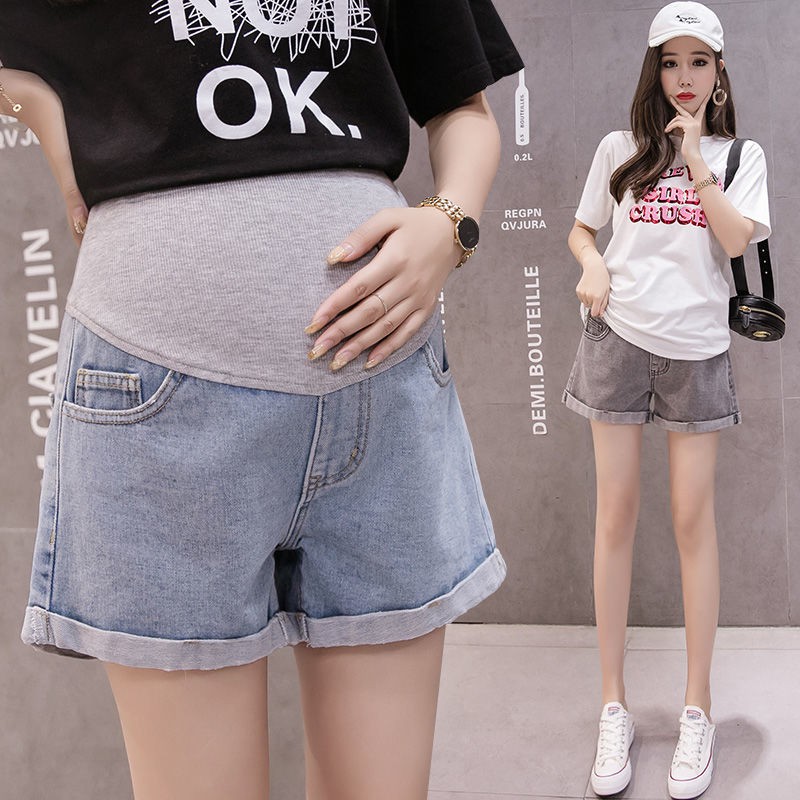 quần sooc bà bầu Thời trang mùa hè mặc ngoài denim, mỏng hè, áo cơ bản,