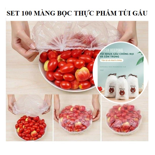 Bộ 100 màng bọc thực phẩm, đồ ăn túi gấu Màng bọc thực phẩm PE co giãn tái sử dụng