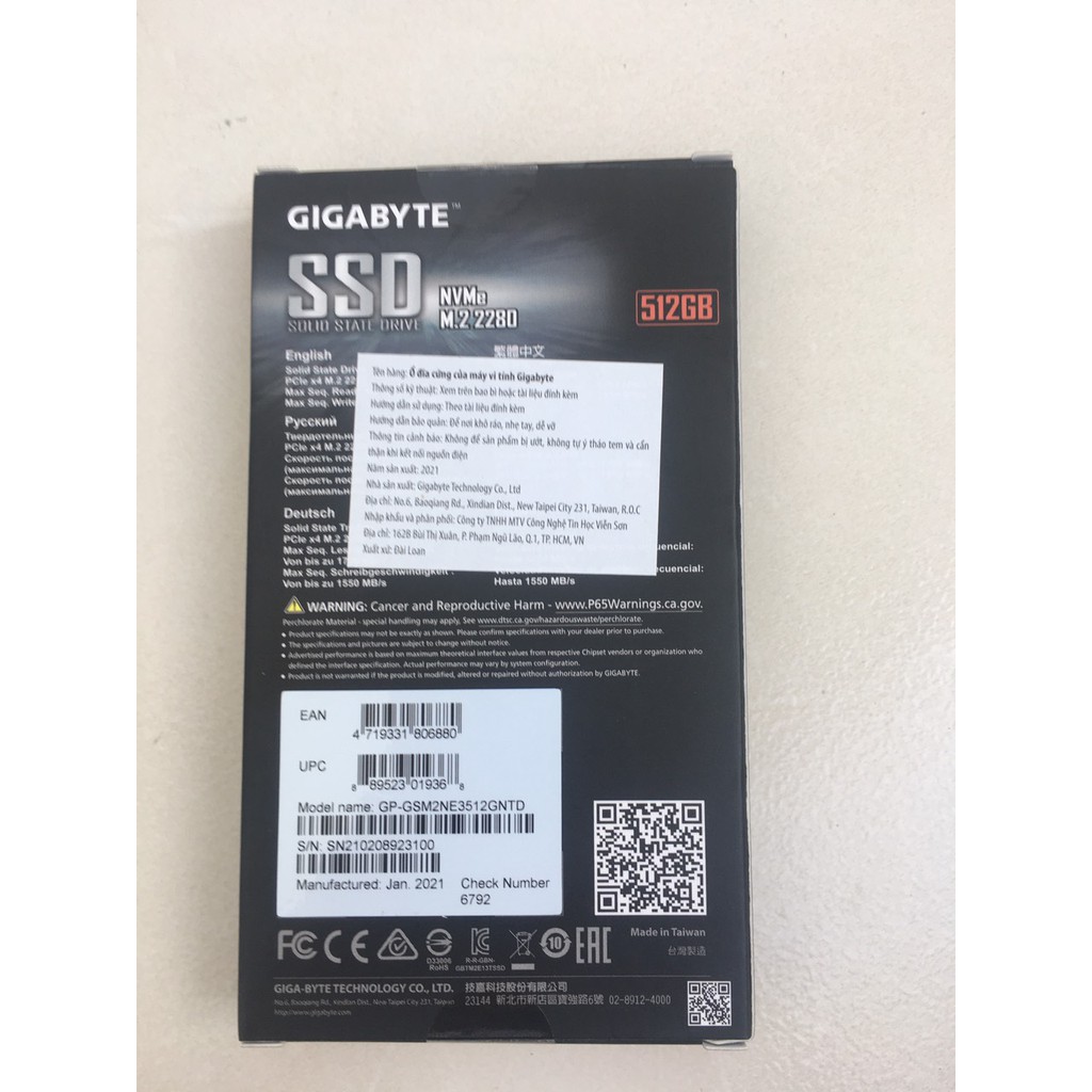 SSD 512gb Gigabyte M2 2280 NVMe PCIe 1700/1550MB/s - Viễn Sơn phân phối