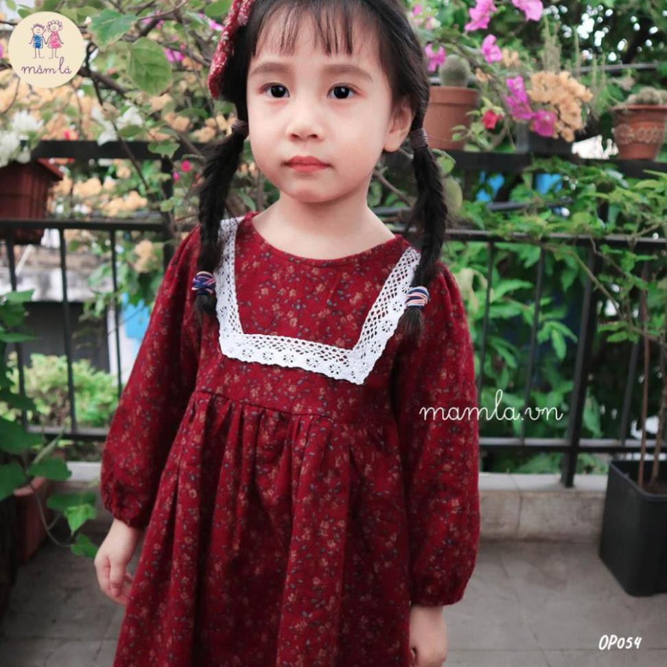 Váy đầm bé gái hoa nhí dài tay màu đỏ đô vải thô cào bông MamLa