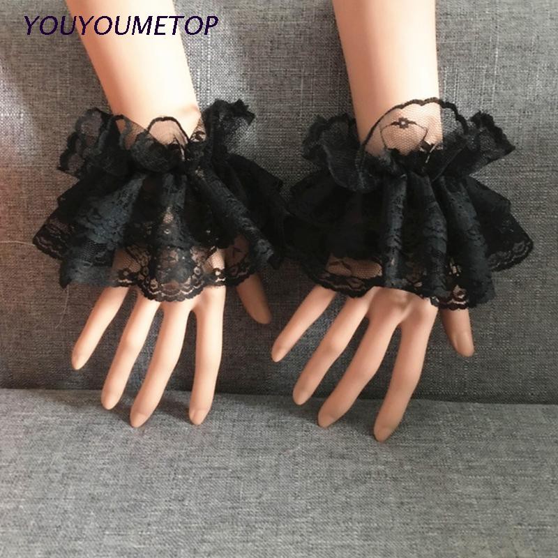 Cổ tay áo giả thiết kế xếp nếp vải ren hoa co giãn phong cách Lolita