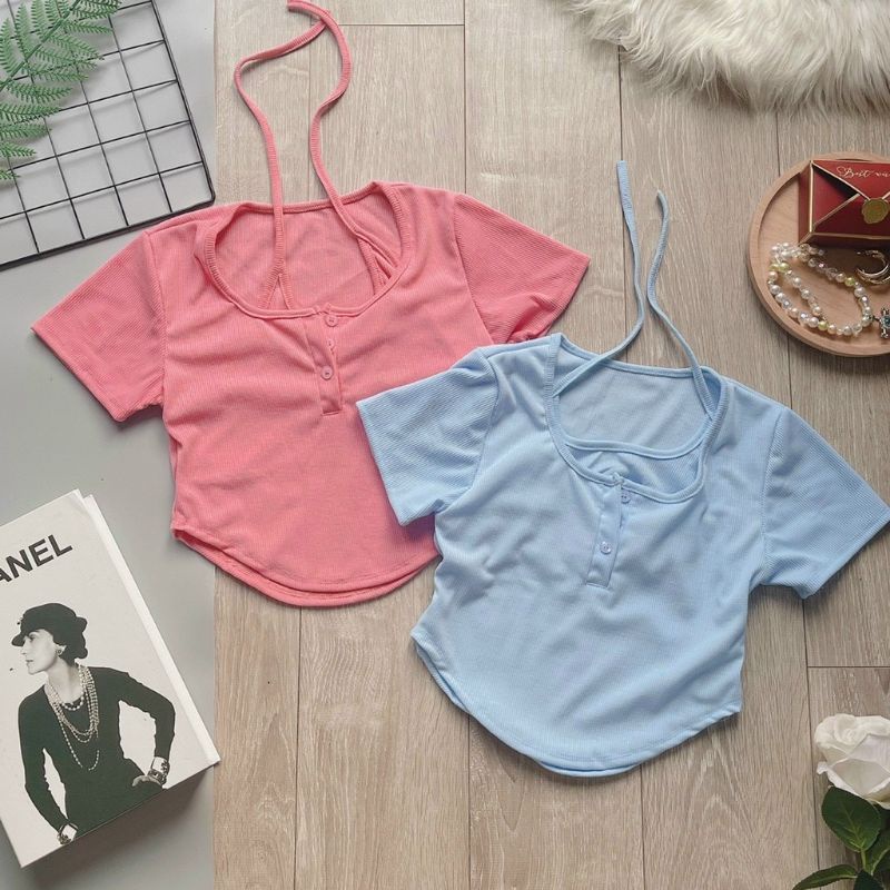 Áo Croptop MIRA.CLOSET Vạt Bầu Cổ U Cúc Cài Phối Cổ Yếm A5257